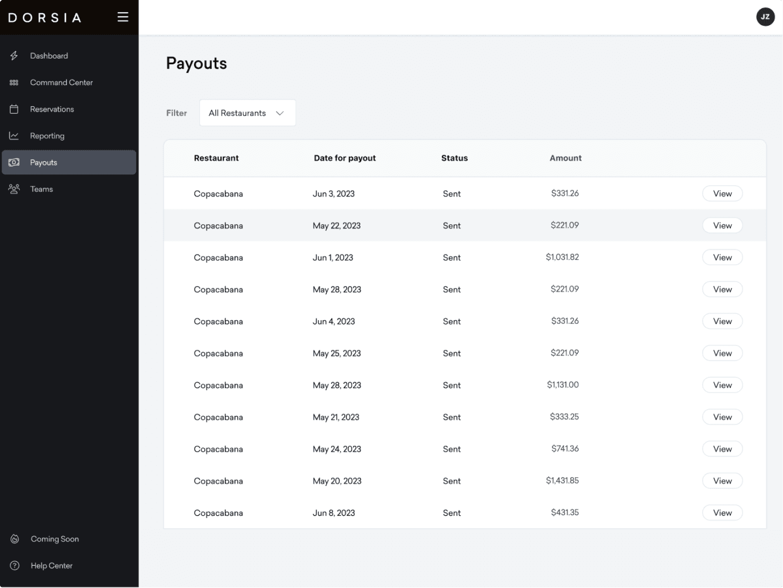 Payouts tab view