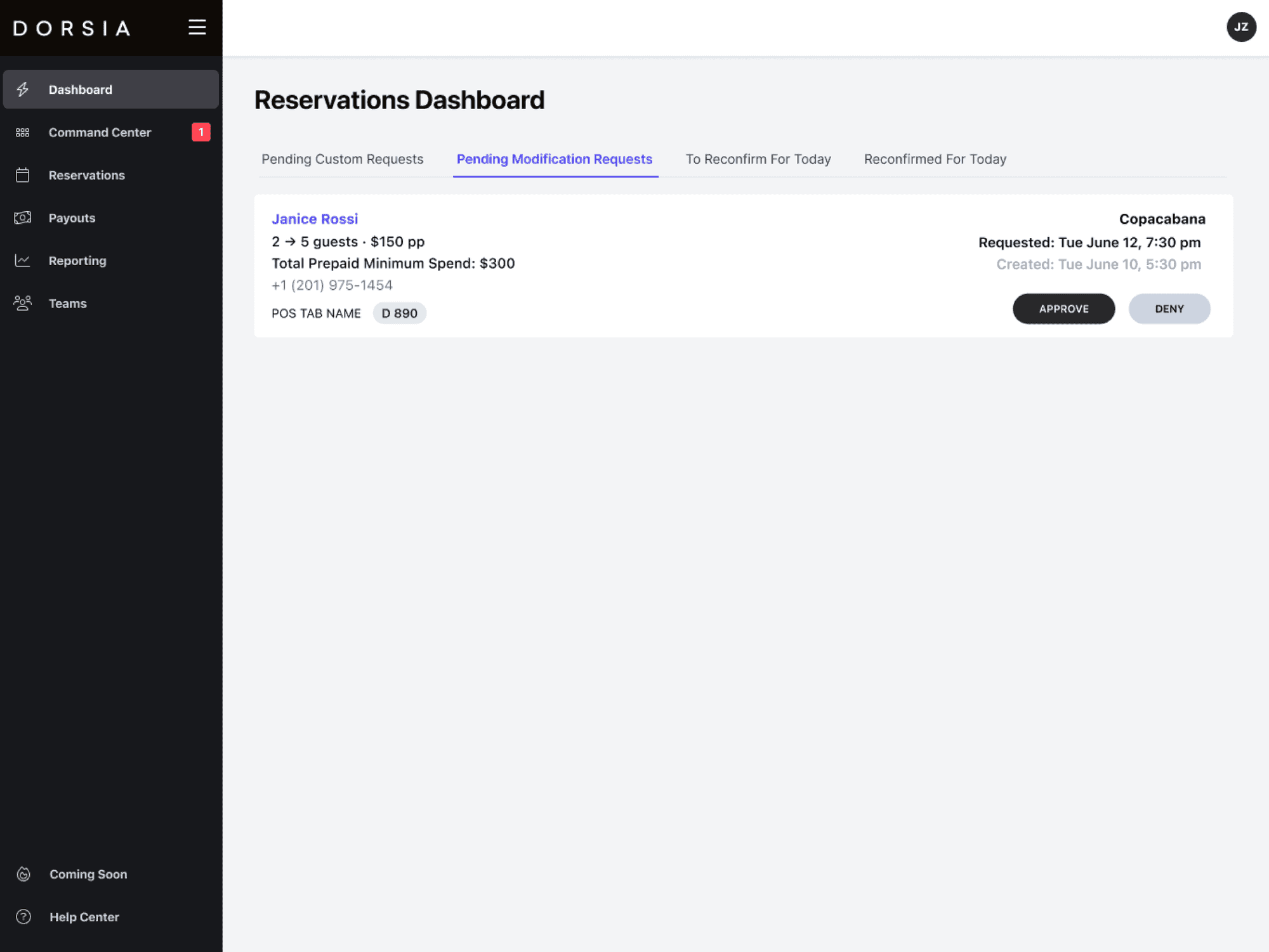 Pending Modification Requests tab