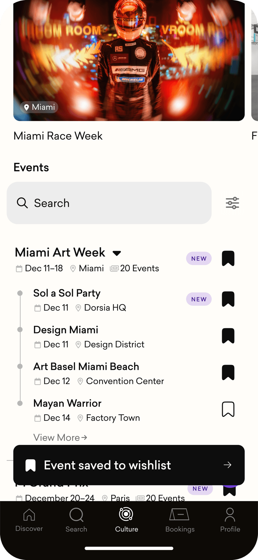 Browsing and saving events to your wishlist