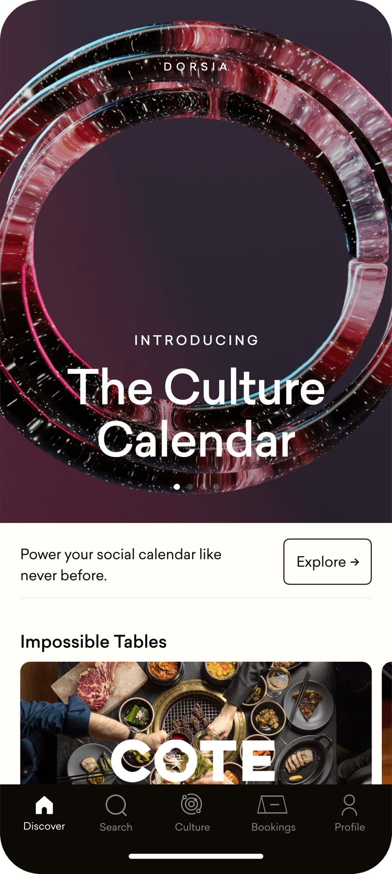 The Culture Calendar home feed in the Dorsia app