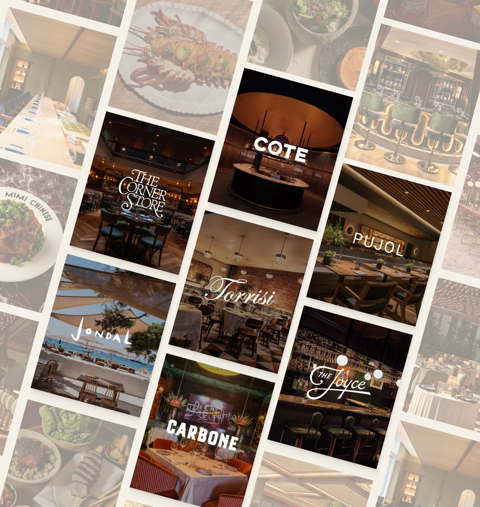 A collage of Dorsia venues — COTE, Torrisi, Carbone, Pujol, Jondal