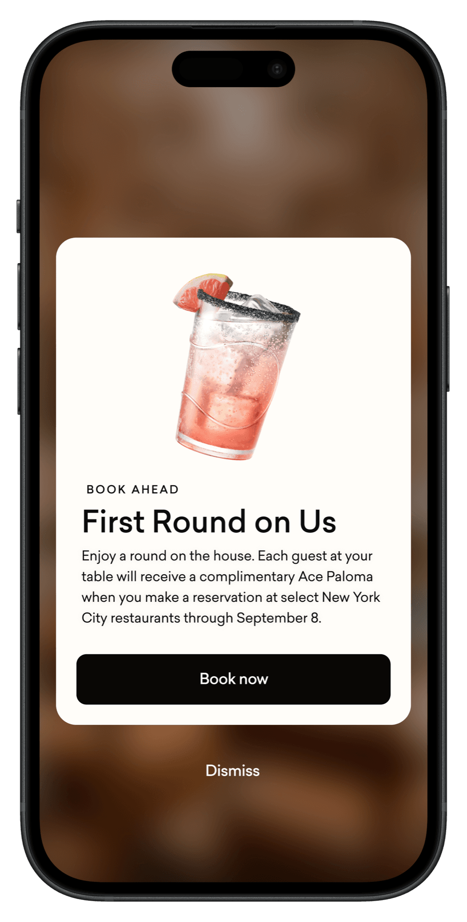 First Round on Us — a complimentary cocktail with your Dorsia reservation